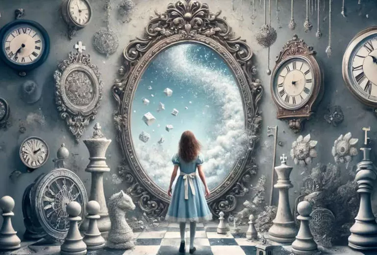 Alice looking through the mirror, with chess pieces and clocks surrounding her